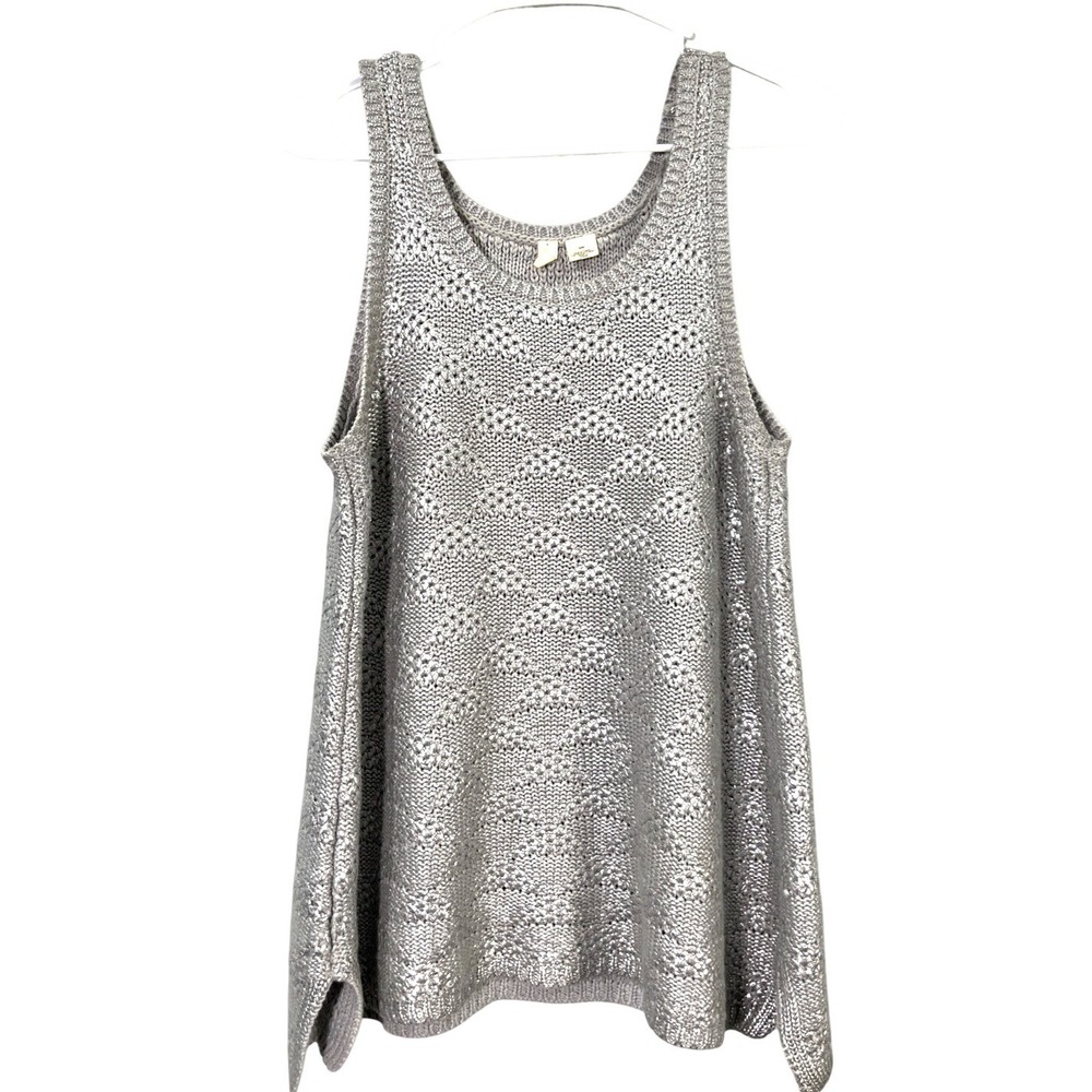 Moth Metallic Silver Knit Tank Top Women M Scoop Neck Diamond‎ Pointelle Slits